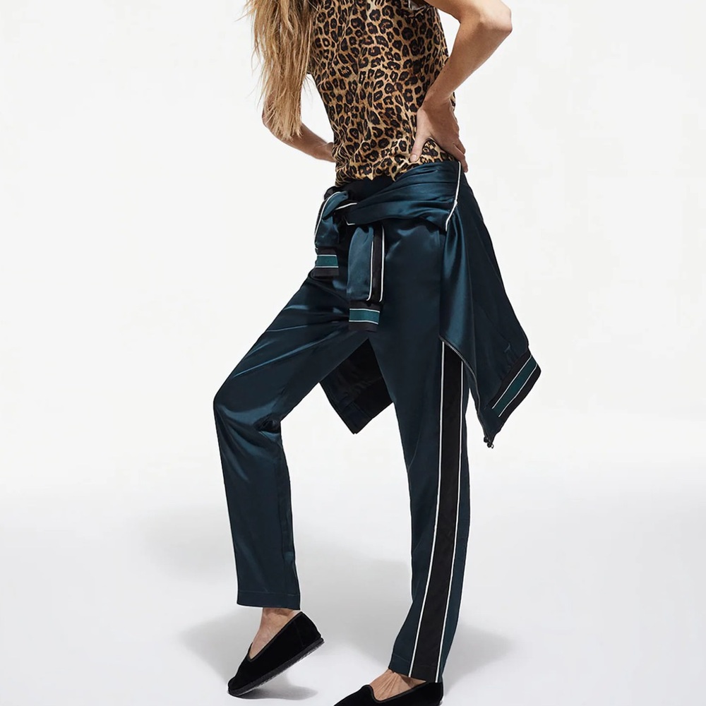 NWT The Kooples Two Toned Satin Straight Leg Green Pull On Pants size 2 Medium
